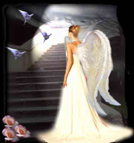 Angel Ascends a Staircase Amid Roses and Doves